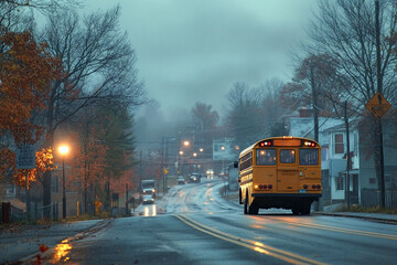 Obraz premium A school bus is driving along the road in a small town, university students on educational excursion, knowledge exploration.