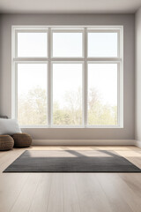 Obraz premium Bright and airy living space with large windows showcasing outdoor greenery during the day