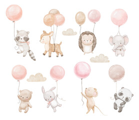 Cute baby panda, elephant and bear are flying with balloons. Watercolor animals in clouds. Hand drawn neutral illustrations set