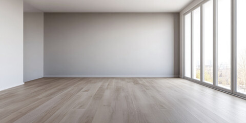 Fototapeta premium Bright, spacious living room with large windows and light wooden flooring in a modern apartment during the day