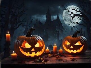Spooky Pumpkin Head Jack-O'-Lantern with Burning Candles Scary Forest with Full Moon and Wooden Table Halloween Backdrop Graveyard Haunted House Dark Night Autumn Holiday Event Celebration Banner