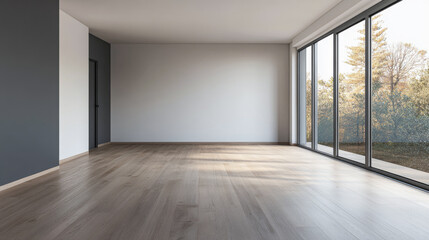 Obraz premium Empty modern interior space with large windows showcasing a natural landscape during daylight