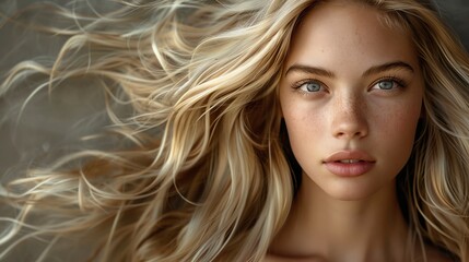 Fototapeta premium Close-up portrait of blonde woman with flowing hair