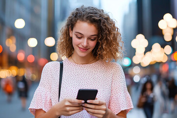 a young woman using a smartphone while walking through a bustling city street at dus