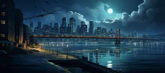 City skyline illuminated by moonlight with a bridge and water reflections at night