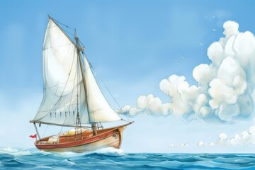 A yacht with a white sail sails on the sea surface against the blue sky on a sunny day