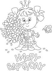 Happy birthday card with a little princess holding a beautiful bouquet of beautiful summer flowers, black and white outline vector cartoon illustration for a coloring book