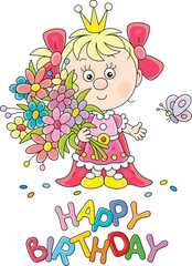 Happy birthday card with a little princess holding a colorful bouquet of beautiful summer flowers, vector cartoon illustration on a white background