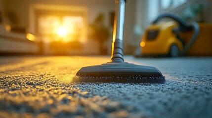 Close-up of a vacuum cleaner head cleaning a carpet with a blurred background.
