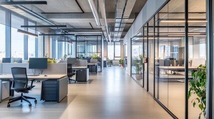 A modern office space undergoing a makeover, with open-plan workstations, sleek glass walls, and contemporary furniture being installed by professionals
