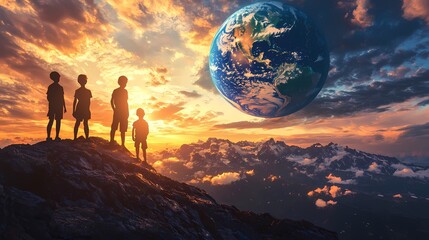 Silhouetted children stand on a mountaintop gazing at a vibrant Earth at sunset.
