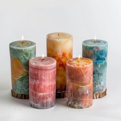 A row of five candles with different colors and designs