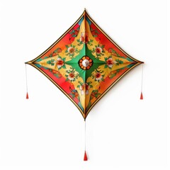 A colorful kite with a red string hanging from it