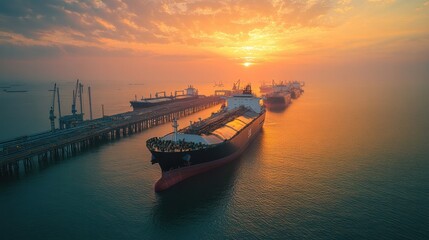A natural gas export terminal with multiple LNG carriers docked, ready to be loaded with liquefied natural gas for international shipment