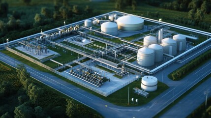 A natural gas infrastructure facility featuring storage tanks, pipelines, and a control center, managing the flow of energy through an integrated system