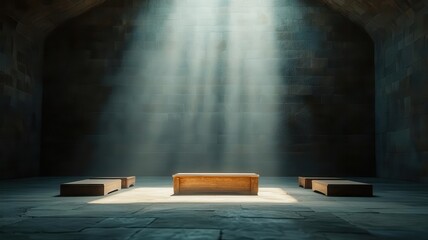 Shadowy interior of a gothic crypt, ancient stone carvings, broken coffins, and a faint glowing light coming from deep within