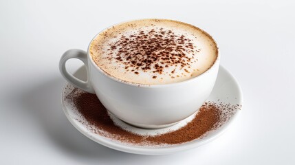 Obraz premium A white coffee cup with a brown powder on top of it