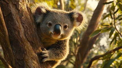 Obraz premium Curious Koala Descending Eucalyptus Tree in Lush Forest Habitat - Capturing Textured Fur and Agile Movement