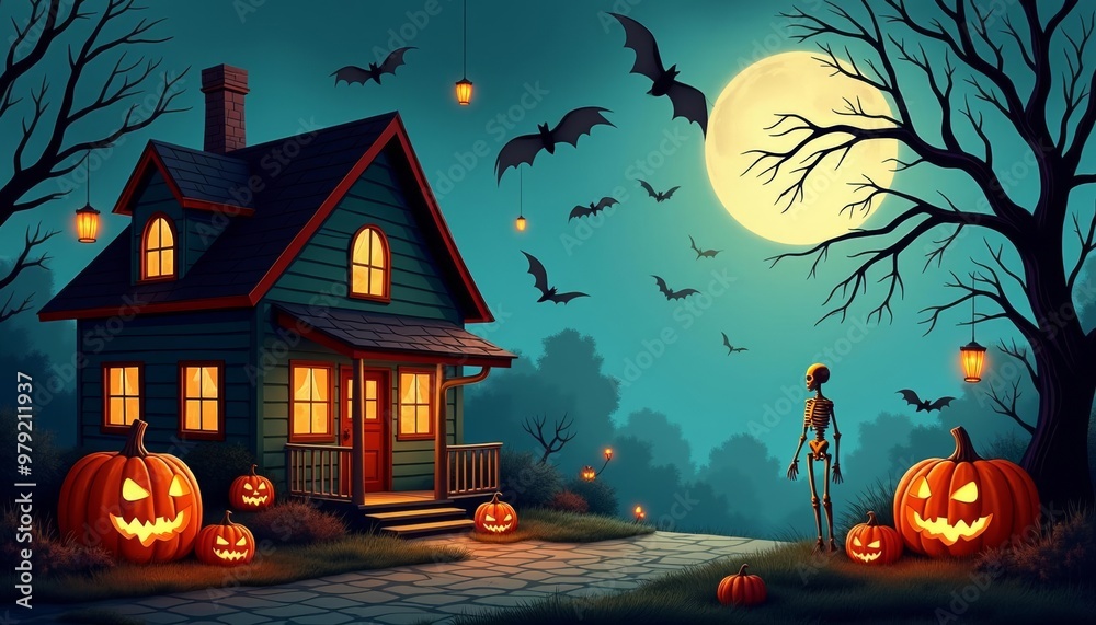 Canvas Prints  Spooky Halloween night scene with jackolanterns and bats