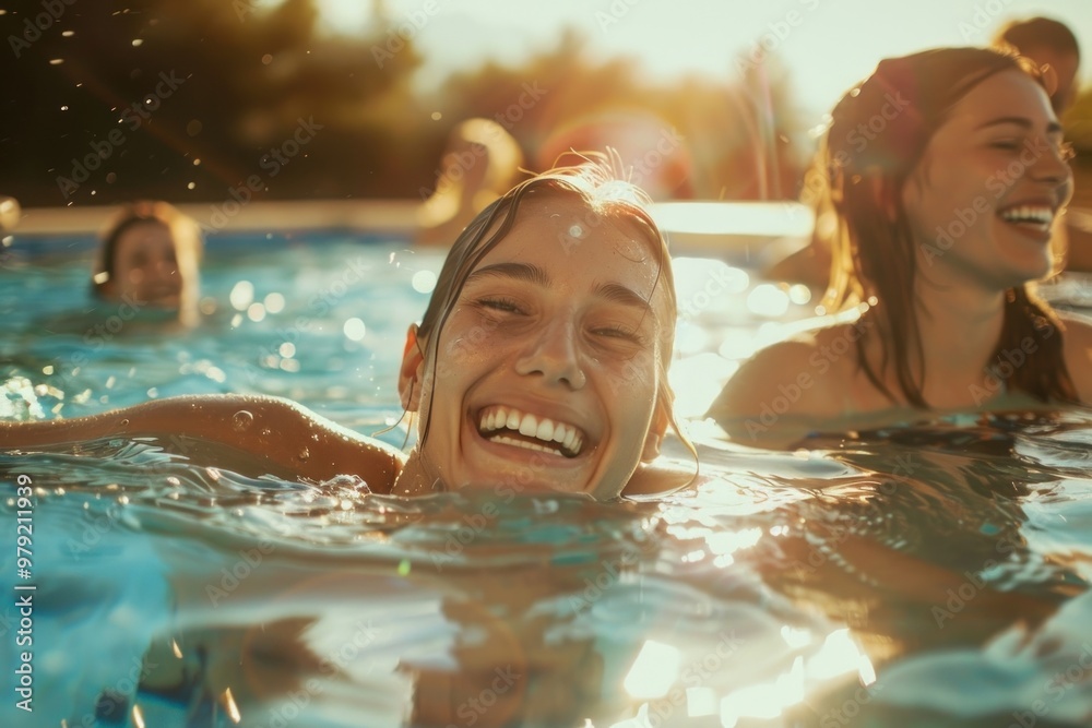 Poster family laughing and swimming in the pool happy recreation person.