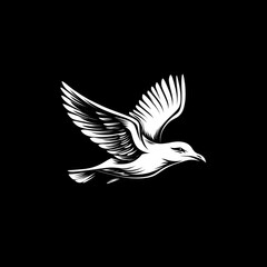 Obraz premium A stylized white bird with open wings in flight, isolated against a black background.