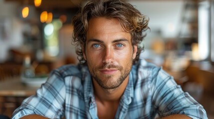 Obraz premium A thoughtful man with captivating blue eyes poses indoors in a cozy, rustic café during the golden hour light. Generative AI