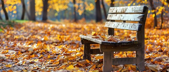 A bench is sitting in a park with a lot of leaves on the ground