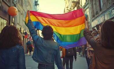 Group of people joyfully holding up a vibrant rainbow flag during a pride parade on a city street, embodying community, diversity, and acceptance.