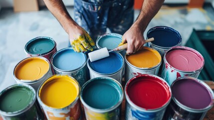 A professional painter preparing a mix of paint for a home renovation project, with multiple cans of paint and rollers ready for use