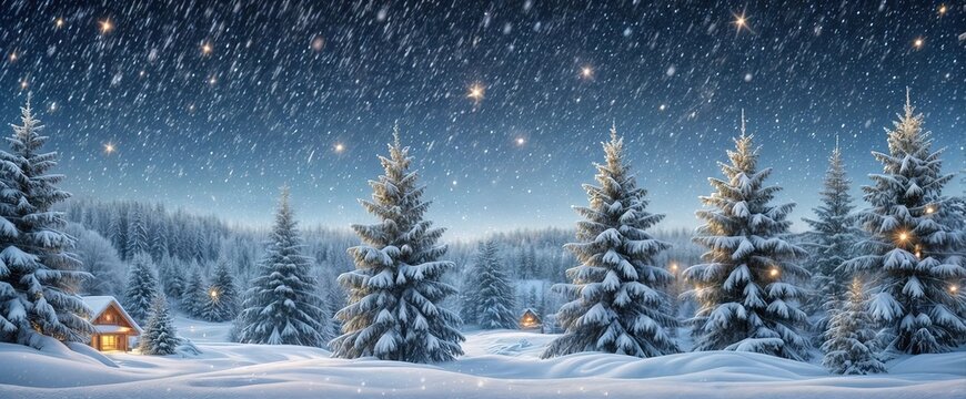 Christmas banner. Beautiful night scene with a snowy landscape and a starry sky. The scene is dominated by tall, snow-covered pine trees.