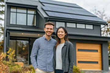 Naklejka premium Happy couple outside modern home