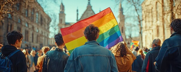 A group of people holding up a rainbow flag in a vibrant urban street scene filled with diverse individuals celebrating unity and equality