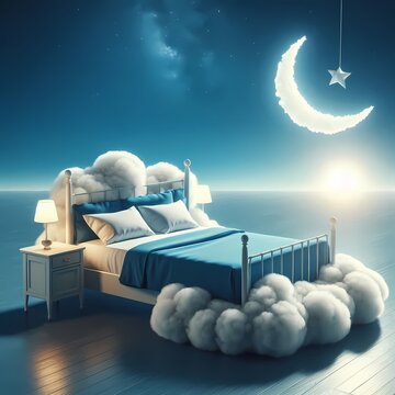 The bedstand in a fluffy blue cloud symbolises good sleep and a serene sky setting.