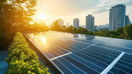 Solarpark am Rande einer modernen Bürostadt zur Versorgung des Strombedarfs, erneuerbare Energie und umweltbewusste Technologie für eine Stadt durch Photovoltaik