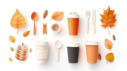 Autumn Coffee Cups and Utensils Flat Lay