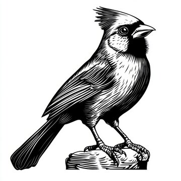 recommend clip art: Black and white illustration of a cardinal bird perched on a rock.