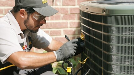 A professional technician conducting air conditioner maintenance service, checking the unit filters, and ensuring the system runs smoothly during a routine inspection