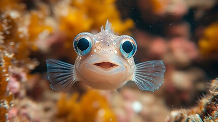 Obraz premium A close-up of a small, cute fish with large, round eyes and a surprised expression, swimming near coral.