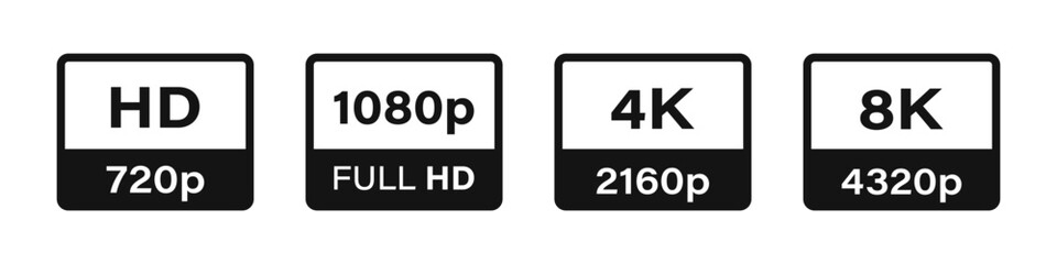 Video Quality and Resolution icons. Full HD, 4k, 8K logo, sign. Vector