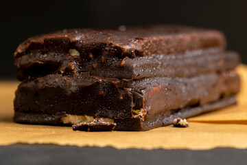 close-up of a piece of cake with nuts and cottage cheese