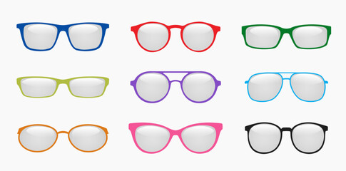 Sun spectacles. Various trendy summer sunglasses. Different color plastic eye glasses. Sunlight eyeglasses set. Vector EPS 10