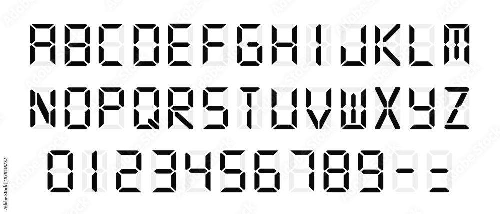 Fototapete digital display font with alarm clock letters, black electronic alphabet, retro calculator symbols, 