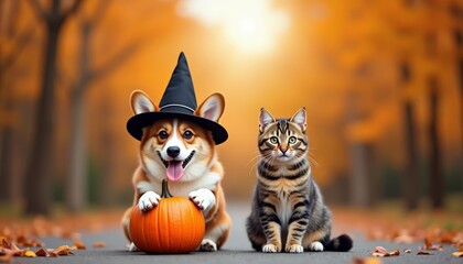  Halloween cuteness  A corgi and a cat in festive attire