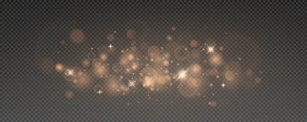 Christmas glowing bokeh confetti light and glitter texture overlay for your design. Festive sparkling gold dust png. Holiday powder dust for cards, invitations, banners, advertising.