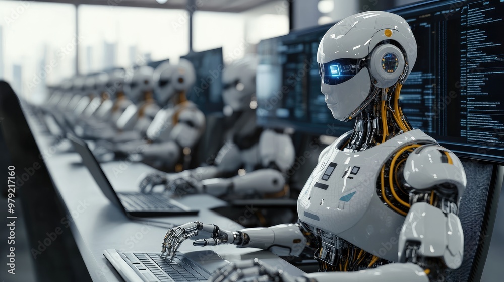 Poster a futuristic scene of ai robots in finance, analyzing data and executing transactions with precision