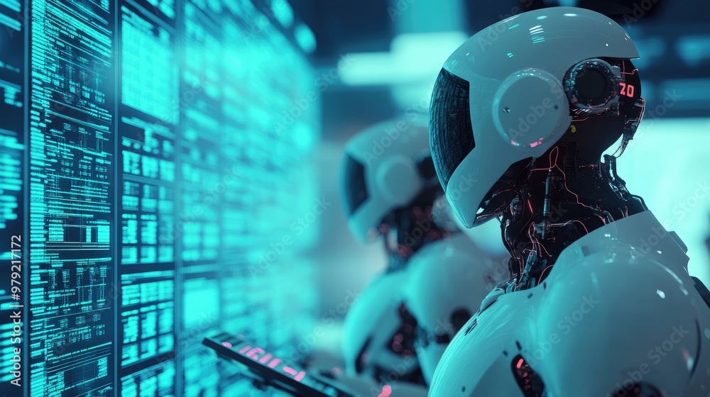 Poster a futuristic scene of ai robots in finance, analyzing data and executing transactions with precision