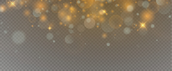 Christmas glowing bokeh confetti light and glitter texture overlay for your design. Festive sparkling gold dust png. Holiday powder dust for cards, invitations, banners, advertising. © Александр Боярин