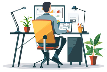 Man doing home office in his modern office. Free lancer concept. Minimalist illustration