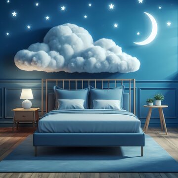 The bedstand in a fluffy blue cloud symbolises good sleep and a serene sky setting.