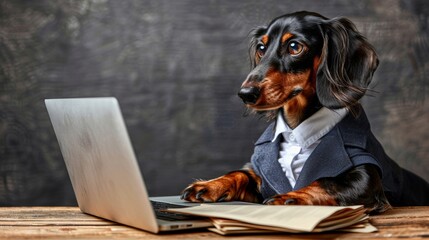 Dapper dachshund wearing shirt and blazer focused on laptop, tail wagging, papers on wooden table.